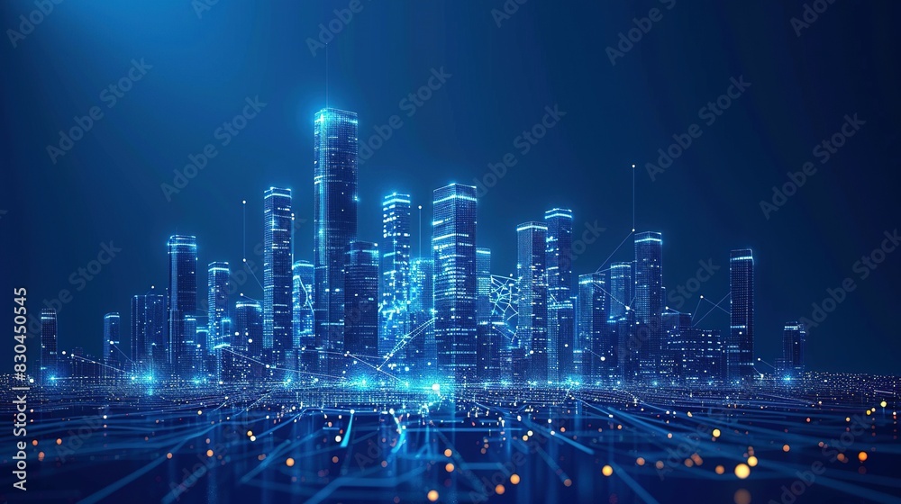 Obraz premium Networked Smart City: Wi-Fi and Building Automation in Low Poly Wireframe