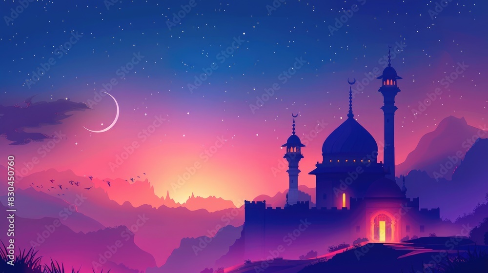 Mosque landscape illustration. Holiday Greetings. Shades of orange and dark blue. Best for graphic design materials. Mosque landscape illustration. Holiday Greetings. Shades of orange and dark blue. Best for graphic design materials.