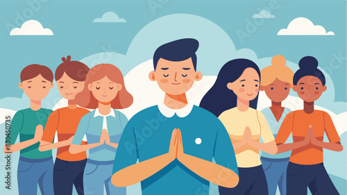 Hands clasped and eyes closed a group of walkers lead by a mindfulness instructor fully immersed in the present moment and connected to the community around them.. Vector illustration