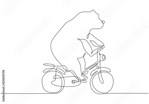 bear riding a bicycle in one single continuous line drawing style isolated on white background.