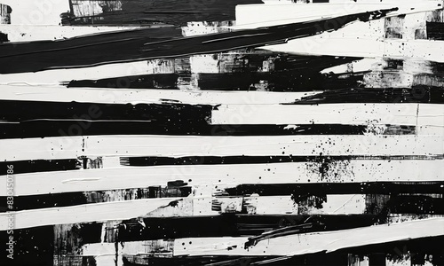 Modern grunge black and white artwork, abstract paint strokes with stripes, lines and irregular shapes. Contemporary painting. Modern poster for wall decoration