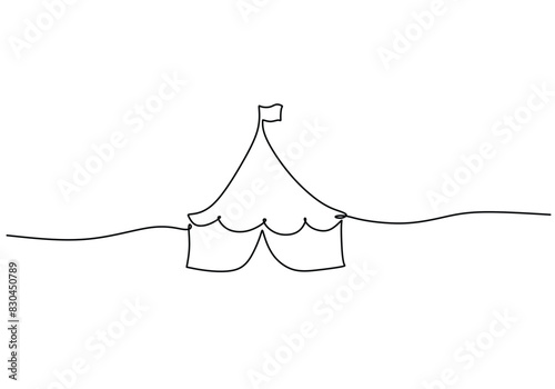 circus tent in one single continuous line drawing style isolated on white background