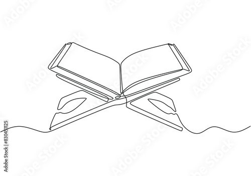 holy book al quran with board in one single continuous line drawing style for Ramadan kareem concept