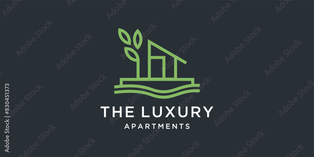 Fototapeta premium Creative building architecture, home, house, hotel logo design vector template, modern logo concept nature , tree, water, window and building.