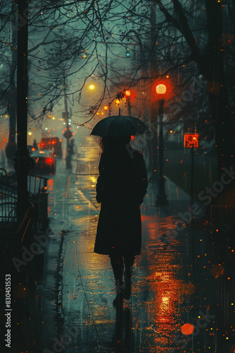 Aesthetic representation of loneliness in the rain, rendered in vintage art style, conveying a deep sense of melancholy. photo