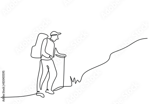 Solo hiker or Mountain climbers in one continuous single line art drawing style.