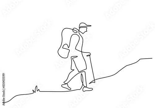 Solo hiker or Mountain climbers in one continuous single line art drawing style.
