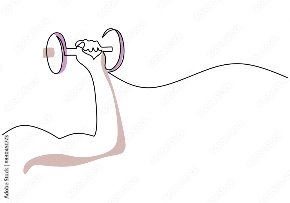Obraz premium Single continuous line drawing hand holding dumbbell. Hand with muscle in holding barbell.