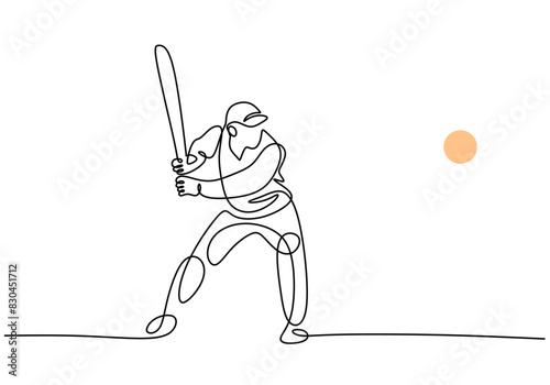 One continuous single line drawing of man cricket player stance standing to receive and hit ball.