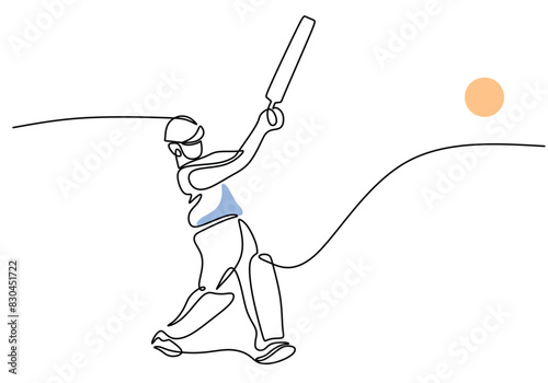 One continuous single line drawing of man cricket player stance standing to receive and hit ball.