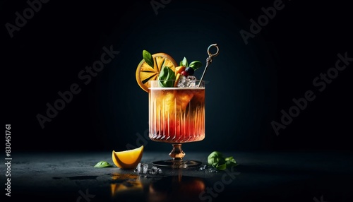 elegant cocktail with a colorful mix of ingredients, garnished with a citrus twist and served in a stylish glass on a black background
