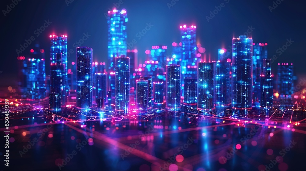 Fototapeta premium Smart City Network with Wi-Fi: Low Poly Wireframe and Automated Buildings