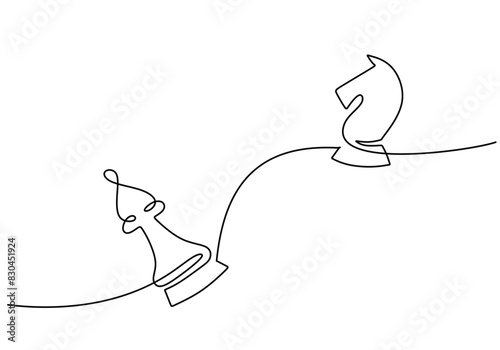 One continuous single line drawing of moving chess figure. Chess game isolated on a white background