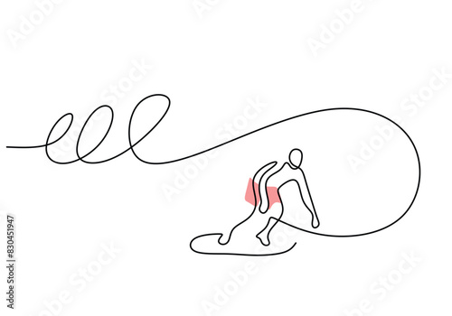 Single continuous line drawing young professional surfer in action riding the waves on blue ocean.