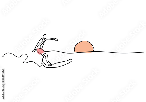 One continuous line drawing of surfer surfing with sunset beach view isolated on a white background.