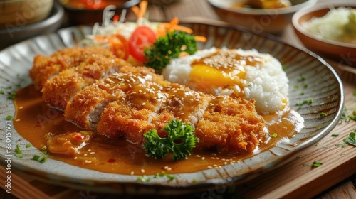 Pork cutlet served with tasty curry sauce on a dish
