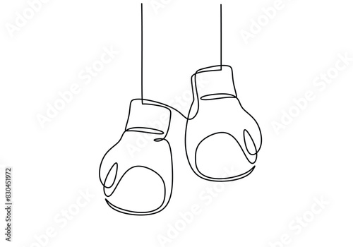 Continuous one line drawing of Boxing gloves. Hanging boxing gloves single line vector illustration.
