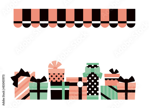 Retro-modern illustration of an awning and many rows of presents