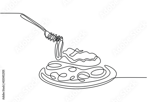 pasta spaghetti noodle with fork in one continuous single line style isolated on white background.