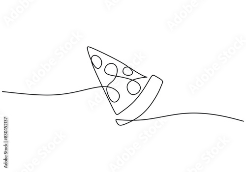One single line drawing a slice fresh Italian pizza vector graphic illustration. Fast food pizzeria.