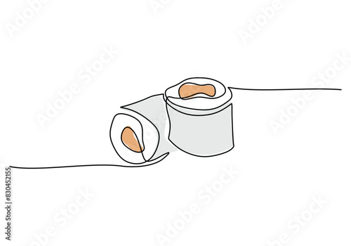 Continuous one line of sushi rolls isolated on a white background. Linear stylized Minimalist.