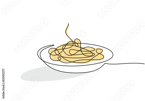 pasta spaghetti noodle on plate in one continuous single line style isolated on white background.
