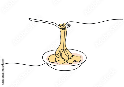 pasta spaghetti noodle with fork in one continuous single line style isolated on white background.