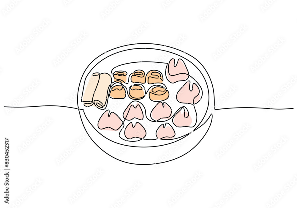 Obraz premium One continuous single line of dim sum hand drawn isolated on white background. Korean food dim sum.