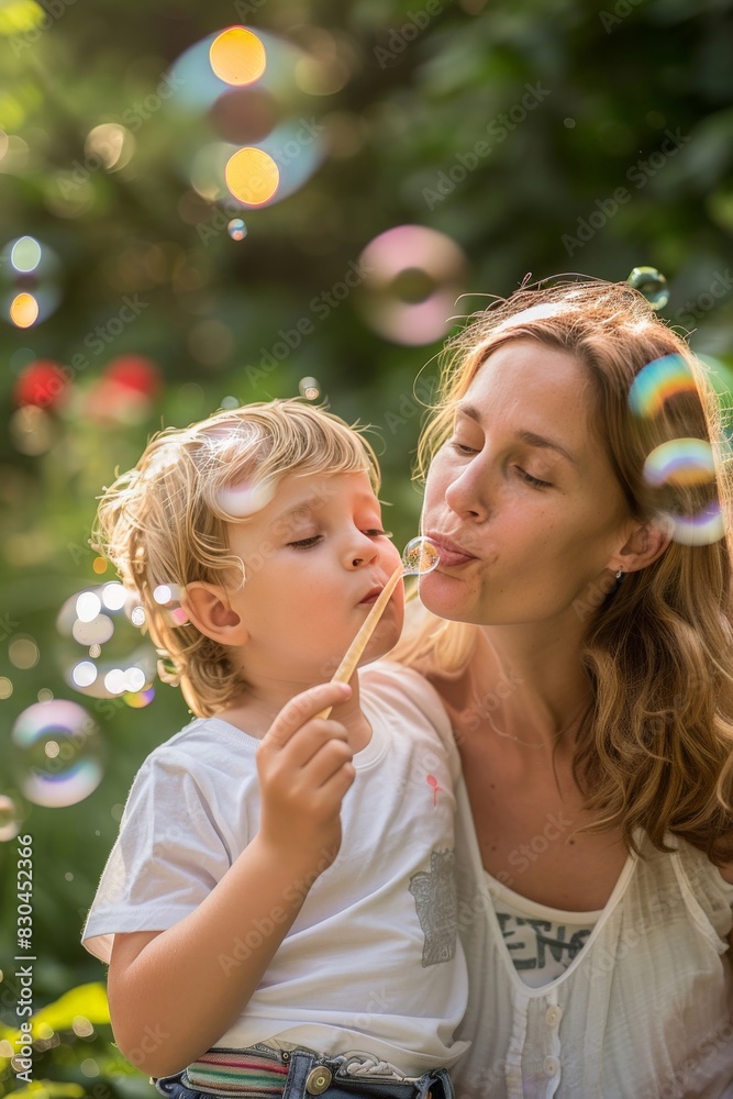 Fototapeta premium Mother and son blowing bubbles together