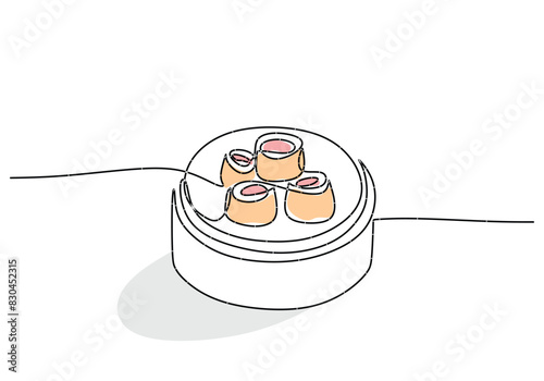 One continuous single line of dim sum hand drawn isolated on white background. Korean food dim sum.