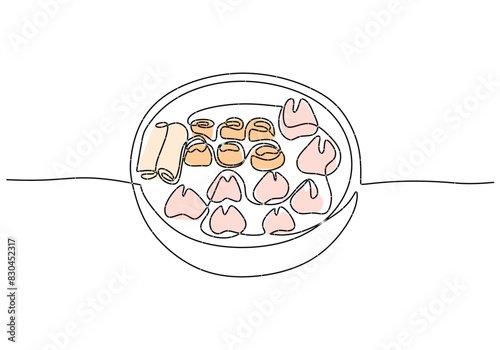 One continuous single line of dim sum hand drawn isolated on white background. Korean food dim sum.