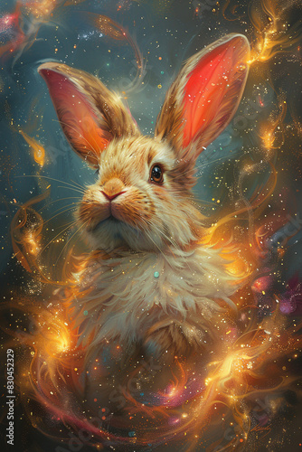 Joyous rabbit amidst a dance of galaxy fire and color, its smile spreading happiness across the celestial scene.