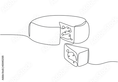 Сheese in one continuous line art drawing style. Wheel of cheese with holes and a piece cut from it.