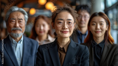 Confident Businesswoman Leading Team of Professionals. Confident businesswoman stands at the forefront, leading a diverse team of professionals in a modern office setting.