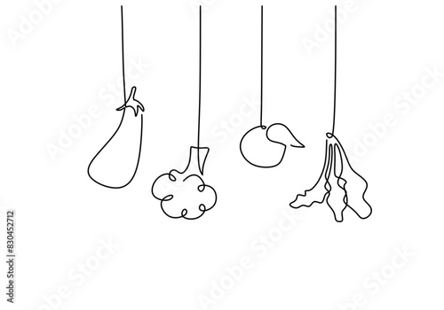 one continuous single line of eggplant, broccoli, fruit and vegetable for healthy food concept.