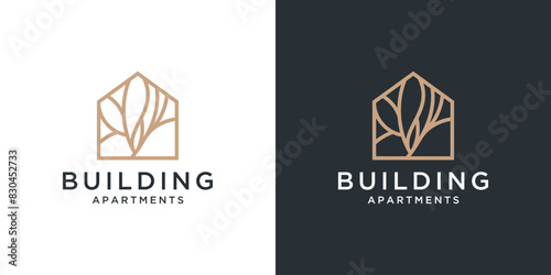 Outline of a house ,home with a leaf logo design inspiration 