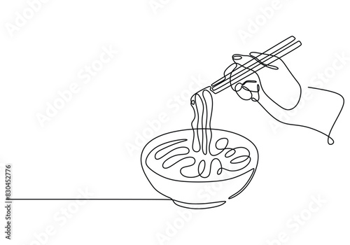 Hand hold chopstick with ramen or ramyeon in one continuous single line. Asian noodle in the bowl.