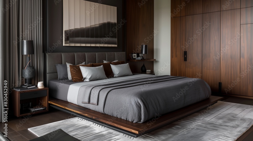 Elegant Bedroom with Grey Bedspread and Dark Wood Furniture in Minimalist Design Elegant Bedroom with Grey Bedspread and Dark Wood Furniture in Minimalist Design