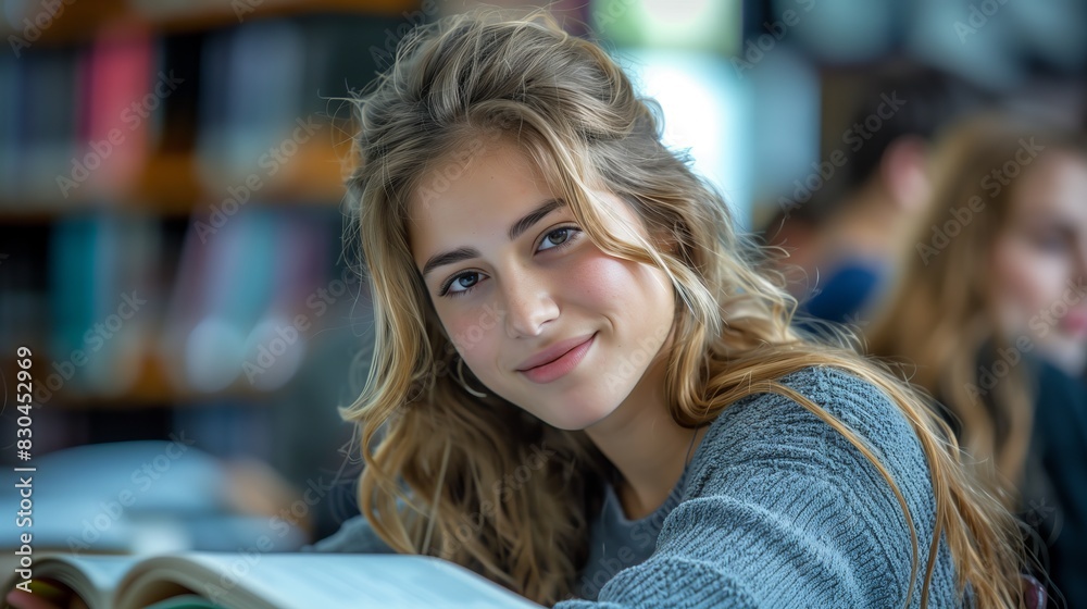 Smiling Girl in Library Setting. Girl with long hair smiles while sitting in a library, creating a warm and welcoming academic environment. Smiling Girl in Library Setting. Girl with long hair smiles while sitting in a library, creating a warm and welcoming academic environment.