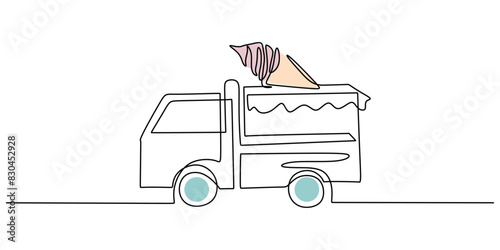 Single one line drawing ice cream truck. Restaurant on wheels. Vans for street food Car concept.