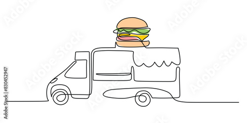 Single one line drawing burger truck. Restaurant on wheel. Vans for street food selling Car concept.
