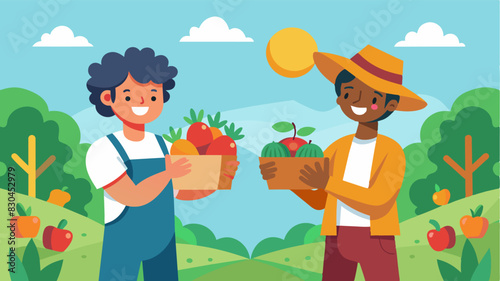 Friendly competition between neighboring farmers each one proudly displaying the freshest and most bountiful harvest from their own land.. Vector illustration