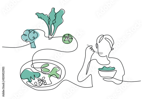 Man eating vegetables in one continuous single line for healthy food concept isolated background.