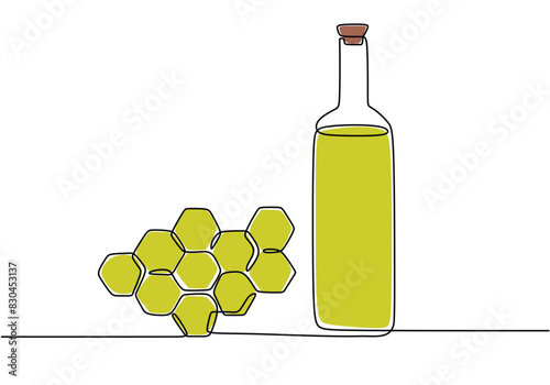 bottle with olive in one continuous single line art drawing style. Cooking ingredient concept vector