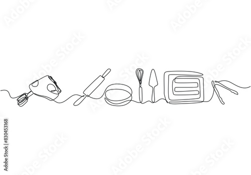 Single continuous line drawing of Mixer, Dough Roller, baking dish, whisk, oven, food tong and spoon