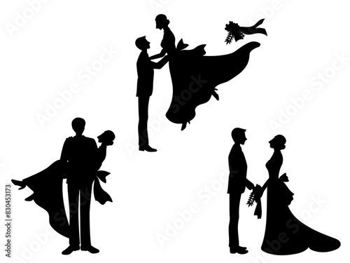 結婚式の花嫁と花婿のシルエットのベクターイラストレーションのセット-1