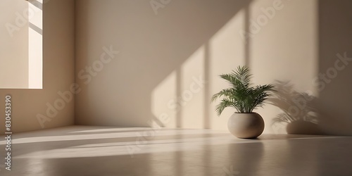 Minimalistic Abstract Light Beige Background Perfect for Product Presentation  Enhanced by Gentle Light and Intricate Shadows Cast by a Window and Ve vegetation on the Wall  Adding a Touch of Elegance