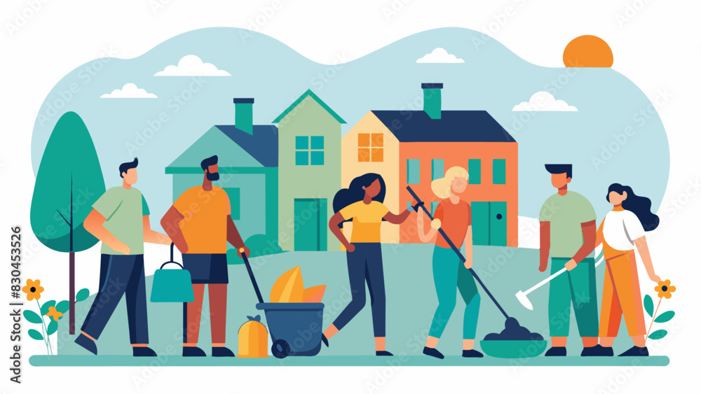 As a neighborhood organizes a streetwide cleanup day they utilize the shared tool library for items like shovels brooms and trash bags. The sense of teamwork and community fosters. Vector illustration As a neighborhood organizes a streetwide cleanup day they utilize the shared tool library for items like shovels brooms and trash bags. The sense of teamwork and community fosters. Vector illustration