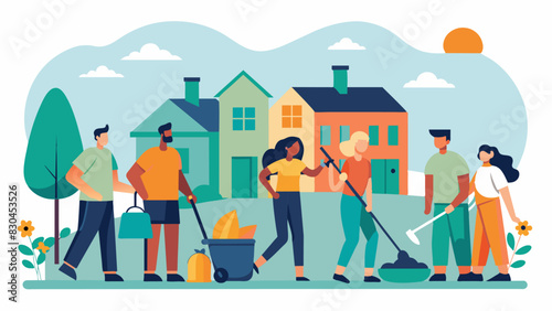 As a neighborhood organizes a streetwide cleanup day they utilize the shared tool library for items like shovels brooms and trash bags. The sense of teamwork and community fosters. Vector illustration