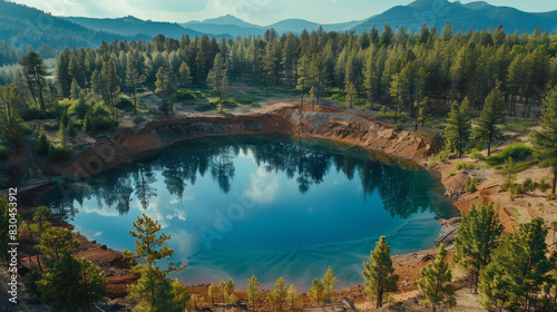 A large body of water sits in a large pit surrounded by trees